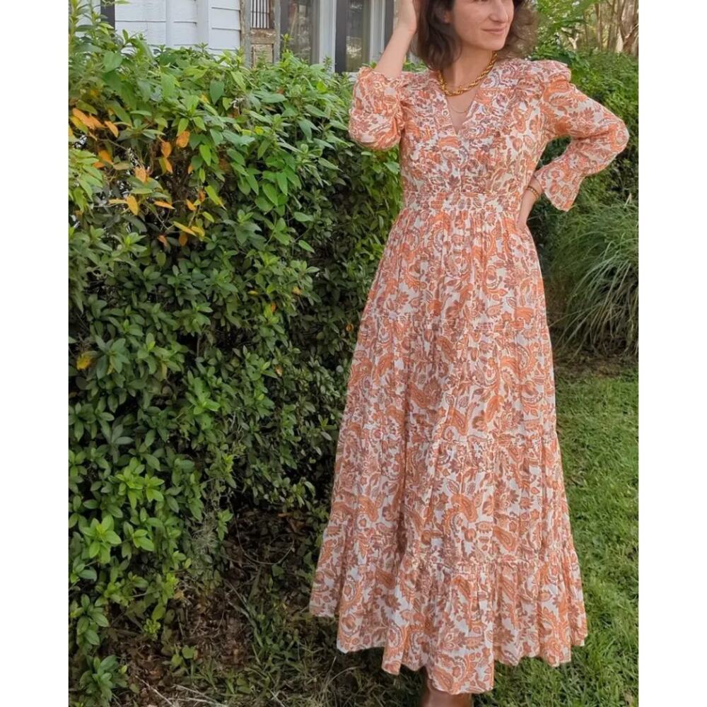 Maje Brown Floral Peasant Maxi Dress Size 0 Prairie Ruffle Designer Cottage $535 - Picture 6 of 13